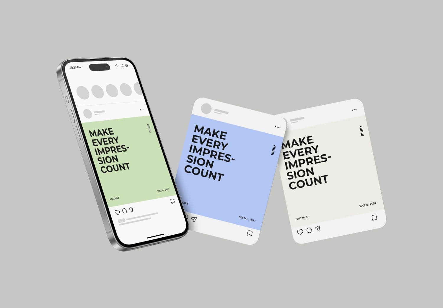 Realistic Social Media Post Mockup with Phone and Floating Square Posts