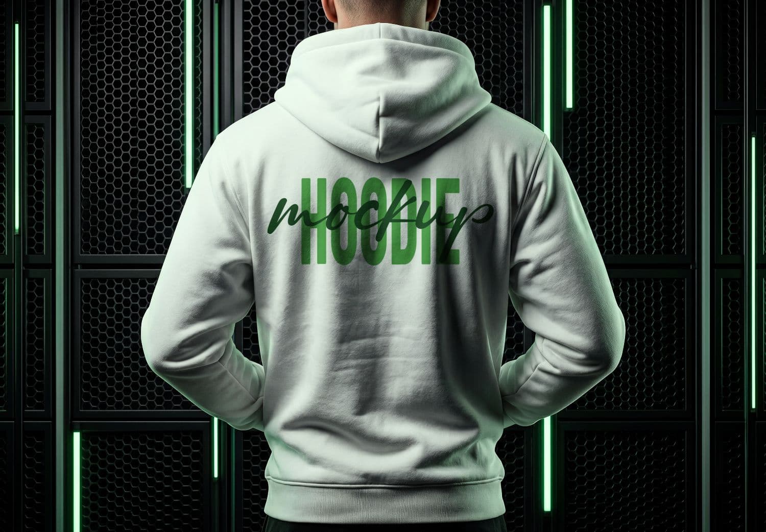 Back Hoodie Mockup on Male Model with Futuristic Green Light Background