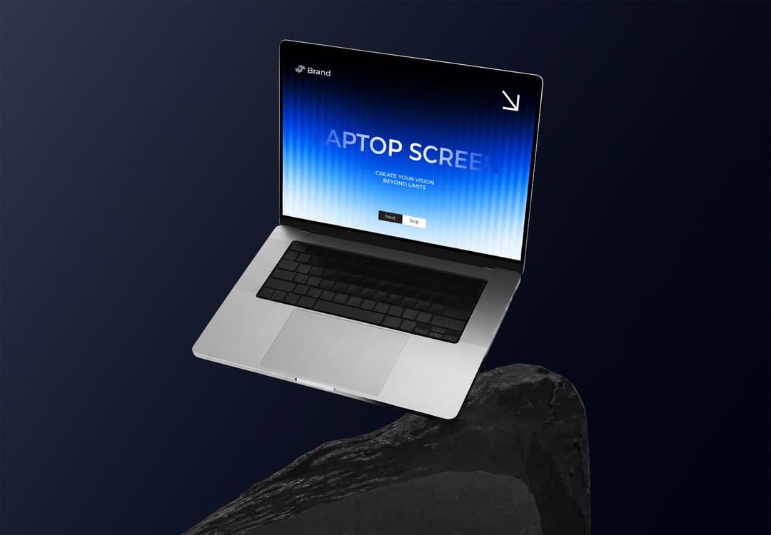 Floating Laptop Screen Mockup on Rock with Dramatic Blue Lighting