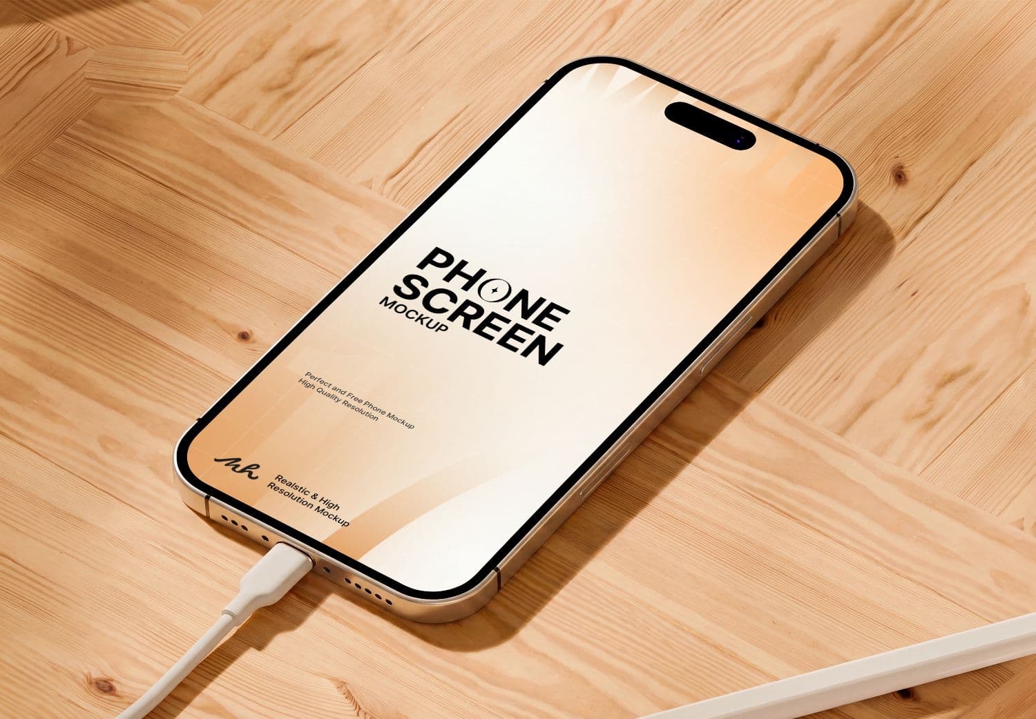 Realistic iPhone Screen Mockup with Cable on Natural Wood Table