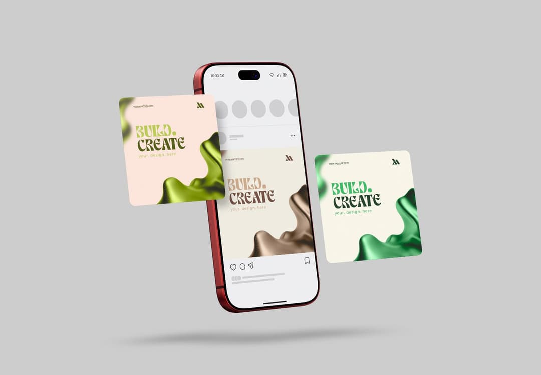 Floating Smartphone Social Media Post Mockup with Creative Cards