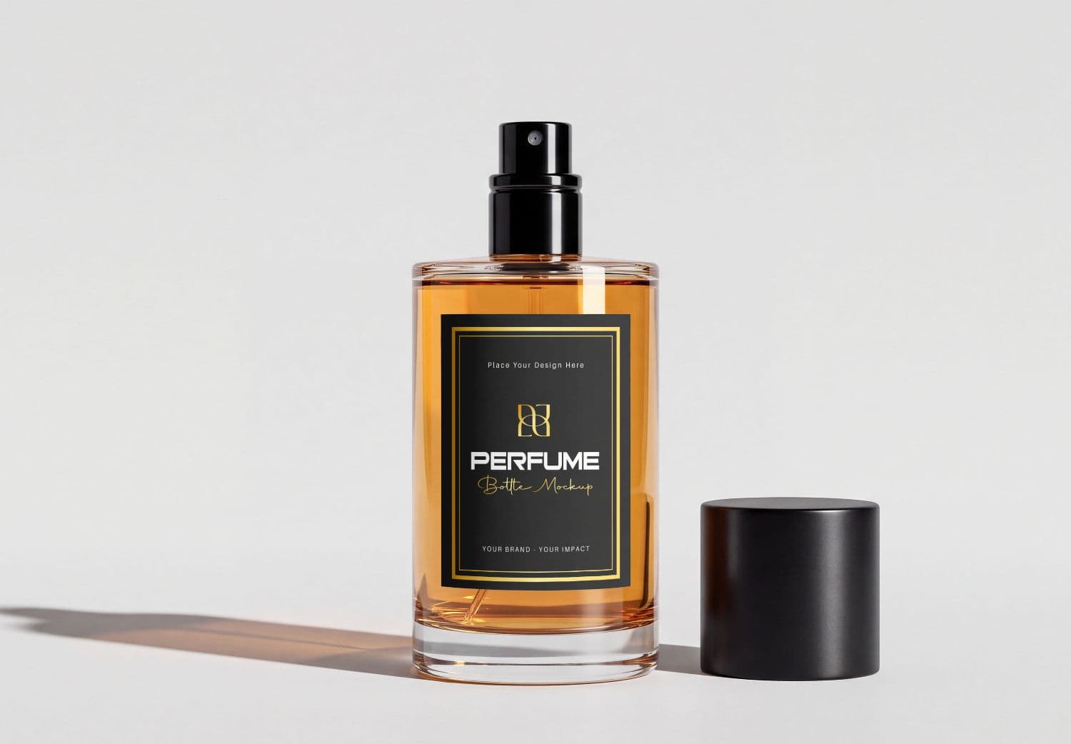 Clear Glass Perfume Packaging Mockup with Amber Liquid and Label