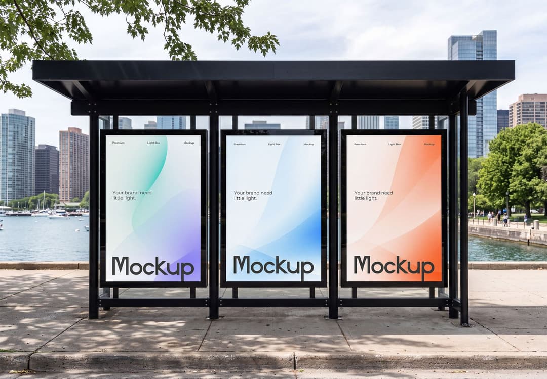 Outdoor Bus Stop Poster Mockup with Three Illuminated Display Panels