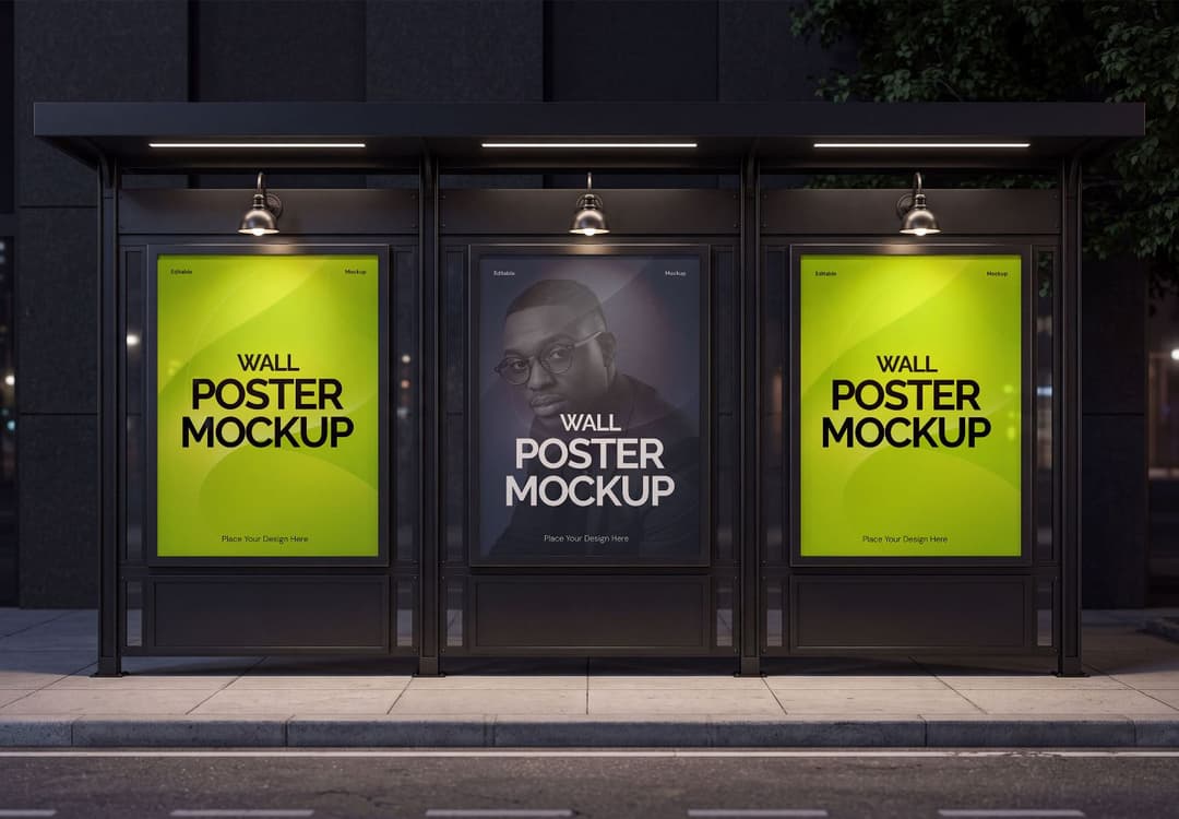 Outdoor Advertising Poster Mockup with Triple Lightbox Display