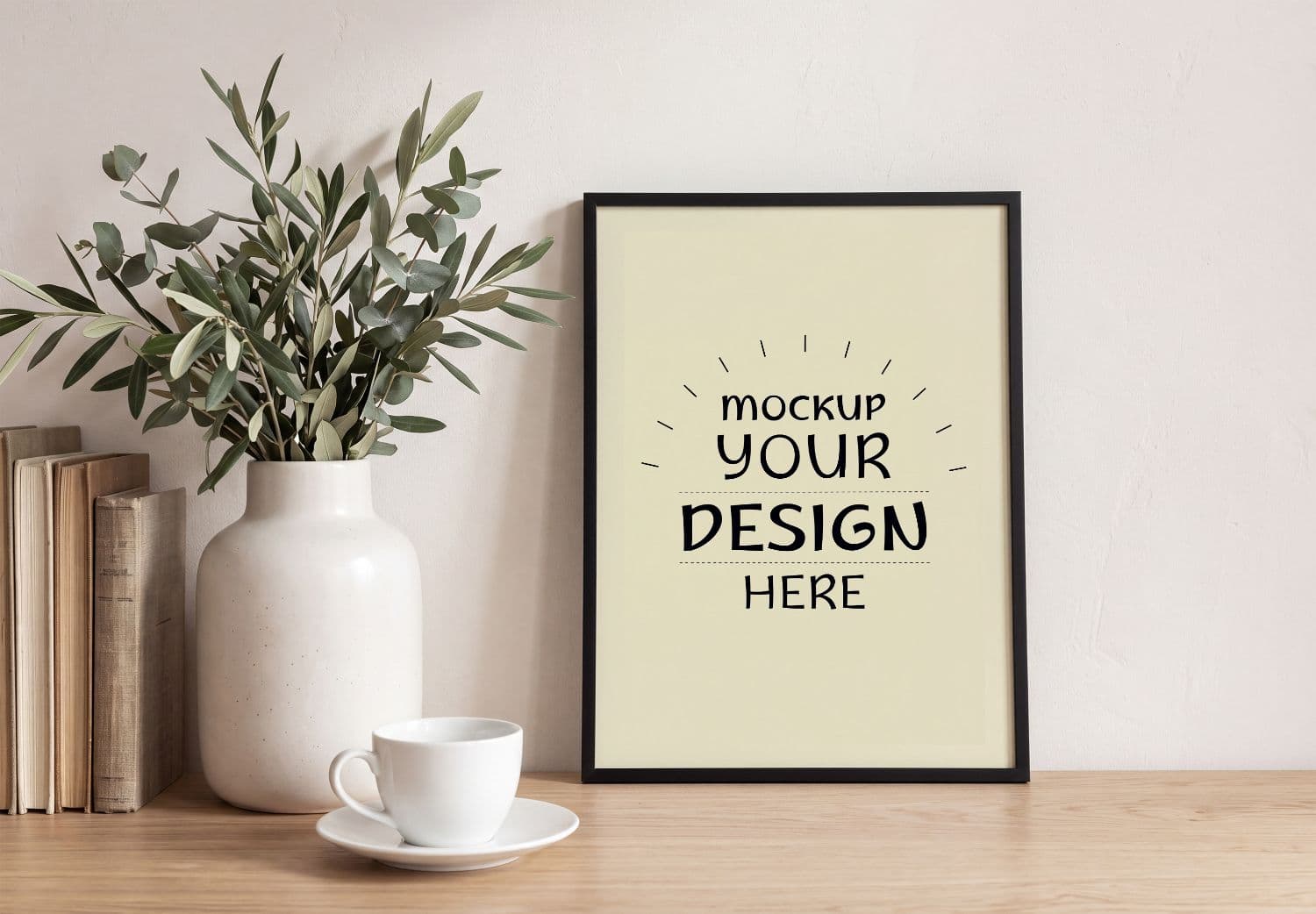 Minimal Framed Poster Mockup on Wooden Shelf with Home Decor