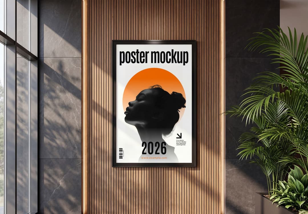 Modern Framed Poster Mockup on Wood Slat Wall with Indoor Plant