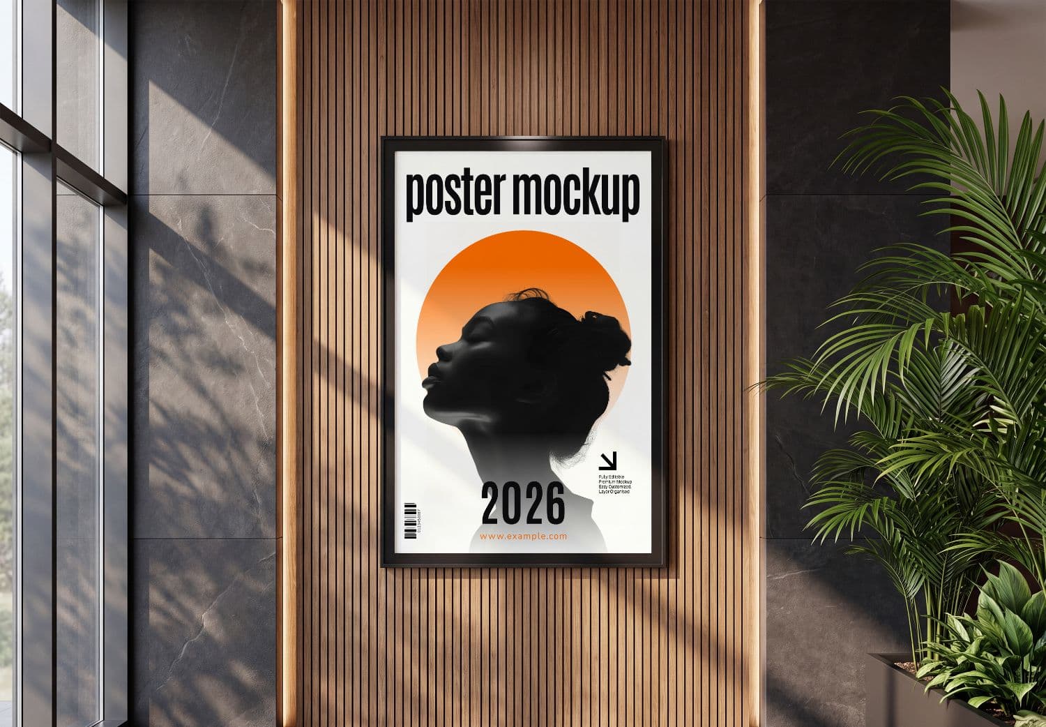 Modern Framed Poster Mockup on Wood Slat Wall with Indoor Plant
