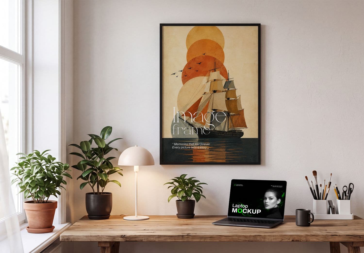 Framed Wall Art Mockup Above Desk in Home Office