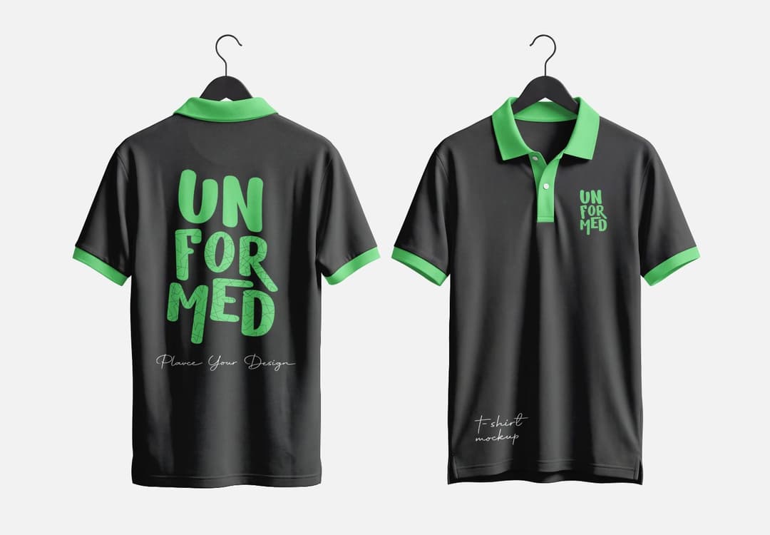 Hanging Black and Green Polo T-Shirt Mockup for Apparel Branding