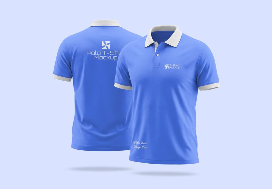 Blue Polo T-Shirt Mockup with Floating Front and Back Views
