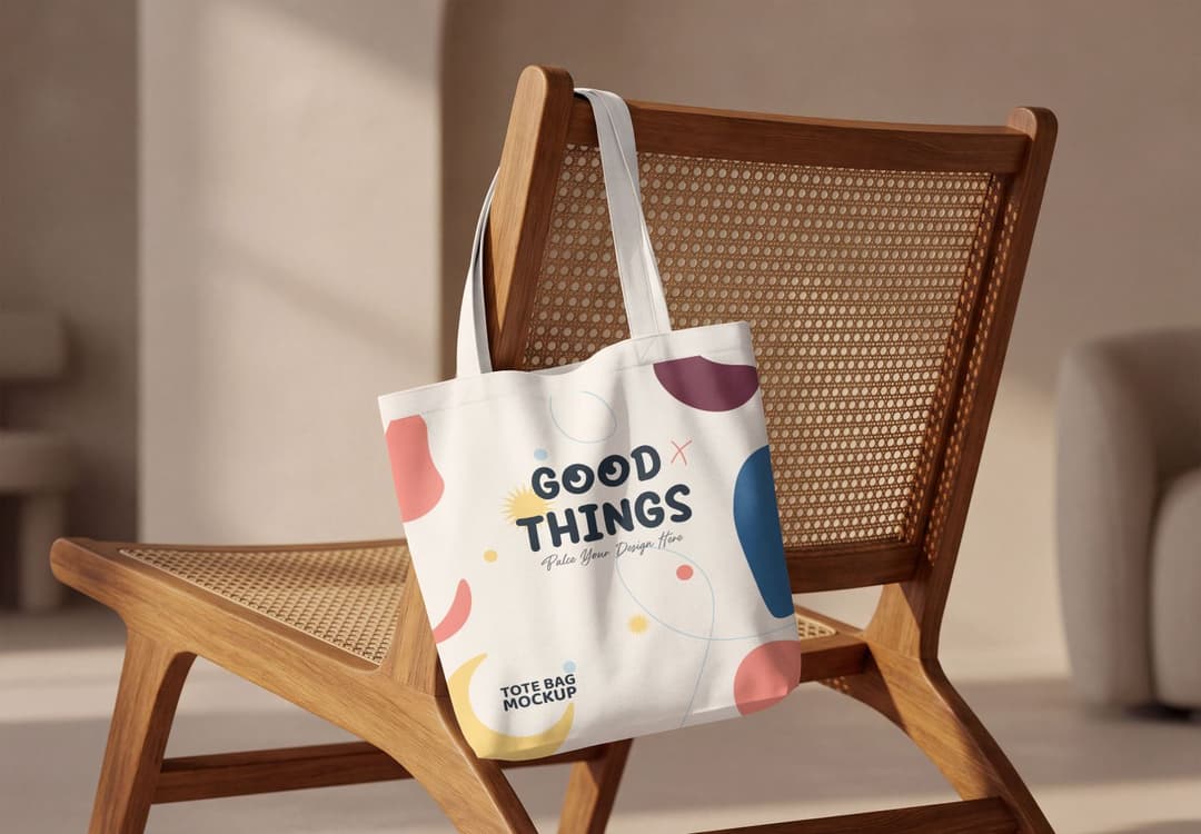 White Canvas Tote Bag Mockup Draped Over a Wooden Cane Chair