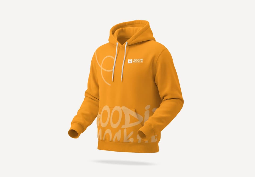 Floating Orange Hoodie Mockup with Front Branding and Oversized Pocket Graphic