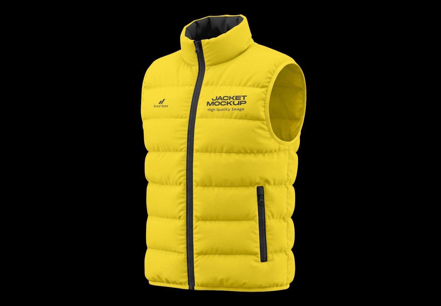 Yellow Sleeveless Puffer Vest Mockup with Front Zipper and Pocket Details