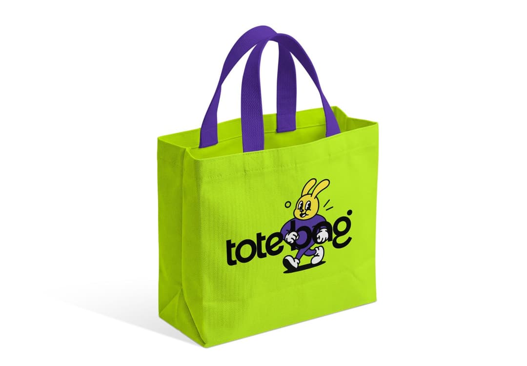 Bright Green Canvas Tote Bag Mockup with Purple Handles