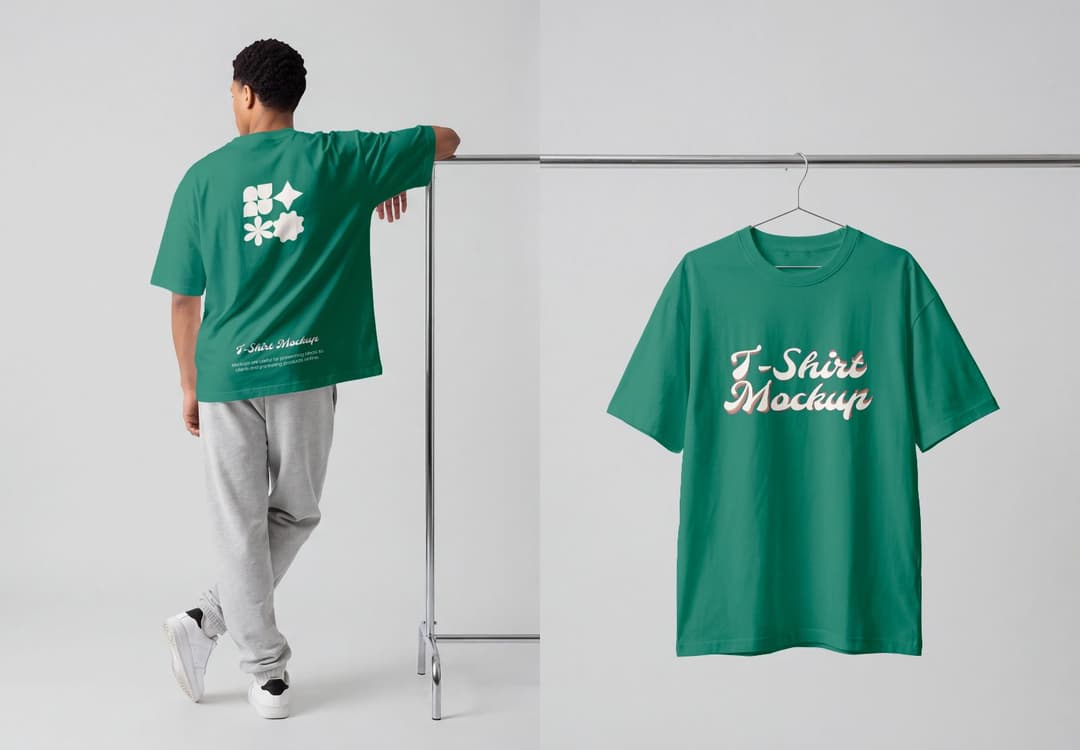 Men's Green T-Shirt Mockup with Model and Hanger Display