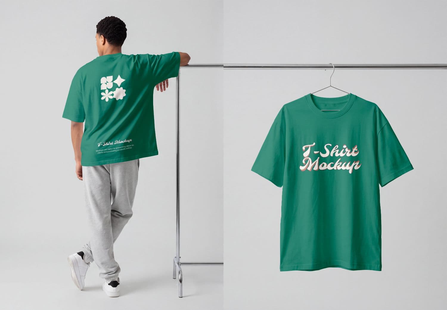 Men's Green T-Shirt Mockup with Model and Hanger Display
