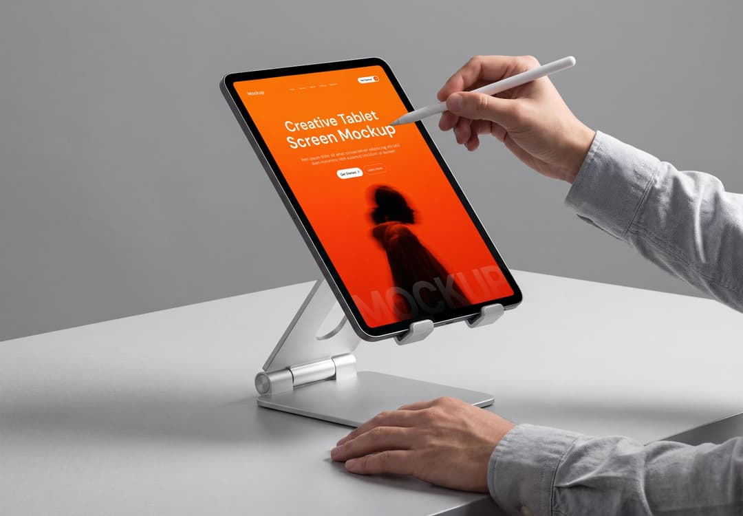 Tablet Mockup with Stylus Pen on Adjustable Desk Stand