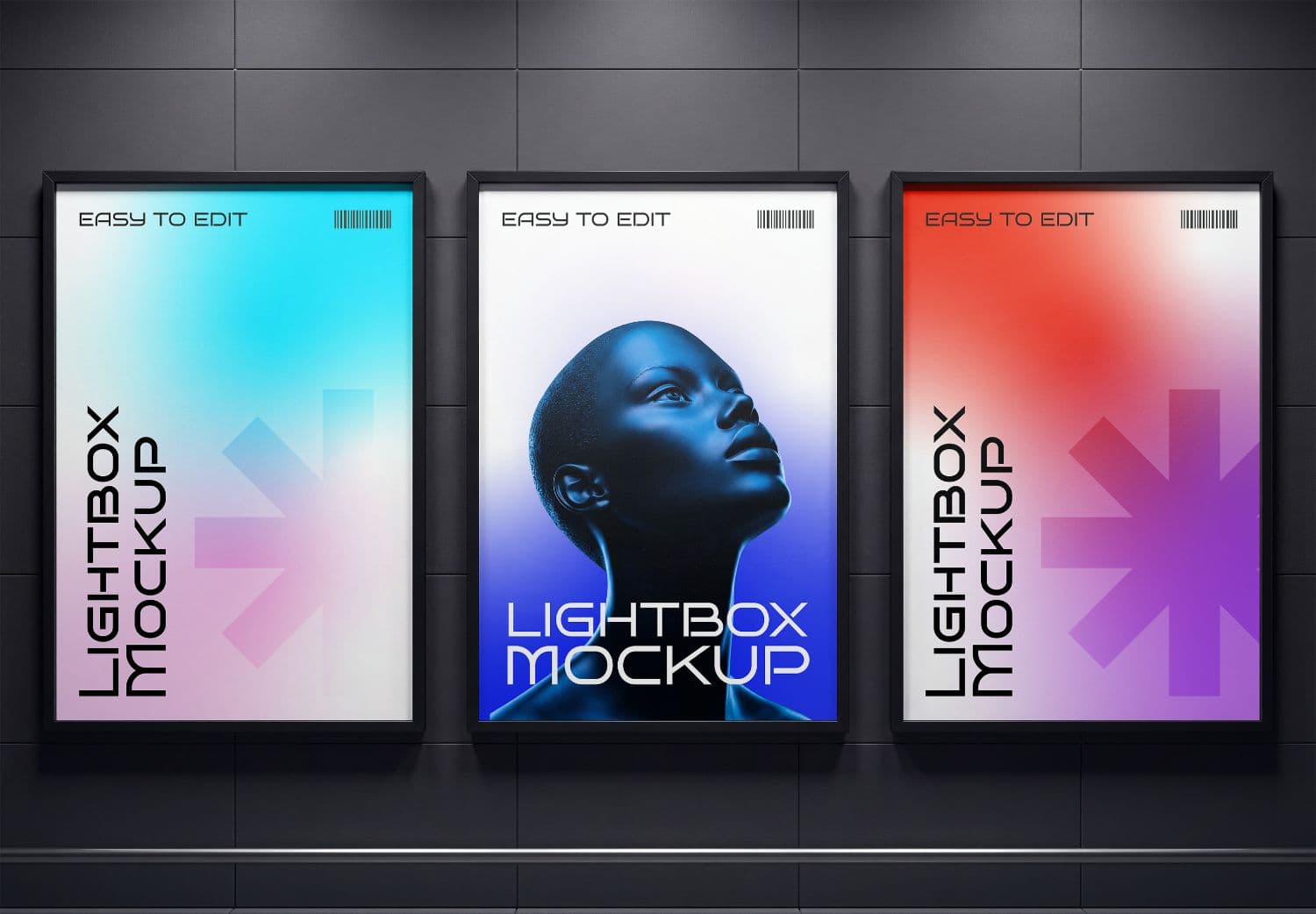 Three Lightbox Poster Mockup Collection on Dark Wall
