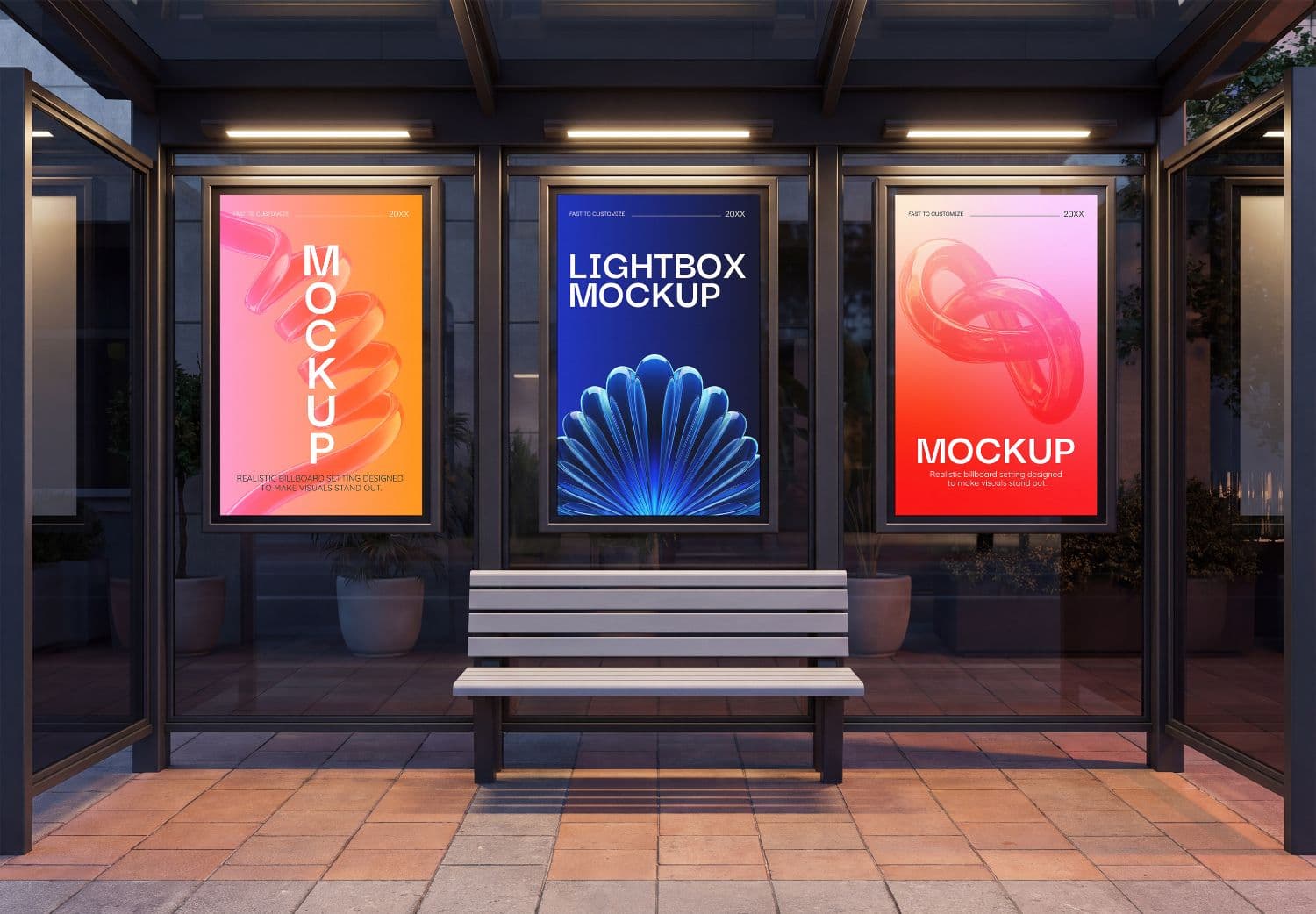 Bus Stop Lightbox Poster Mockup with Three Illuminated Frames