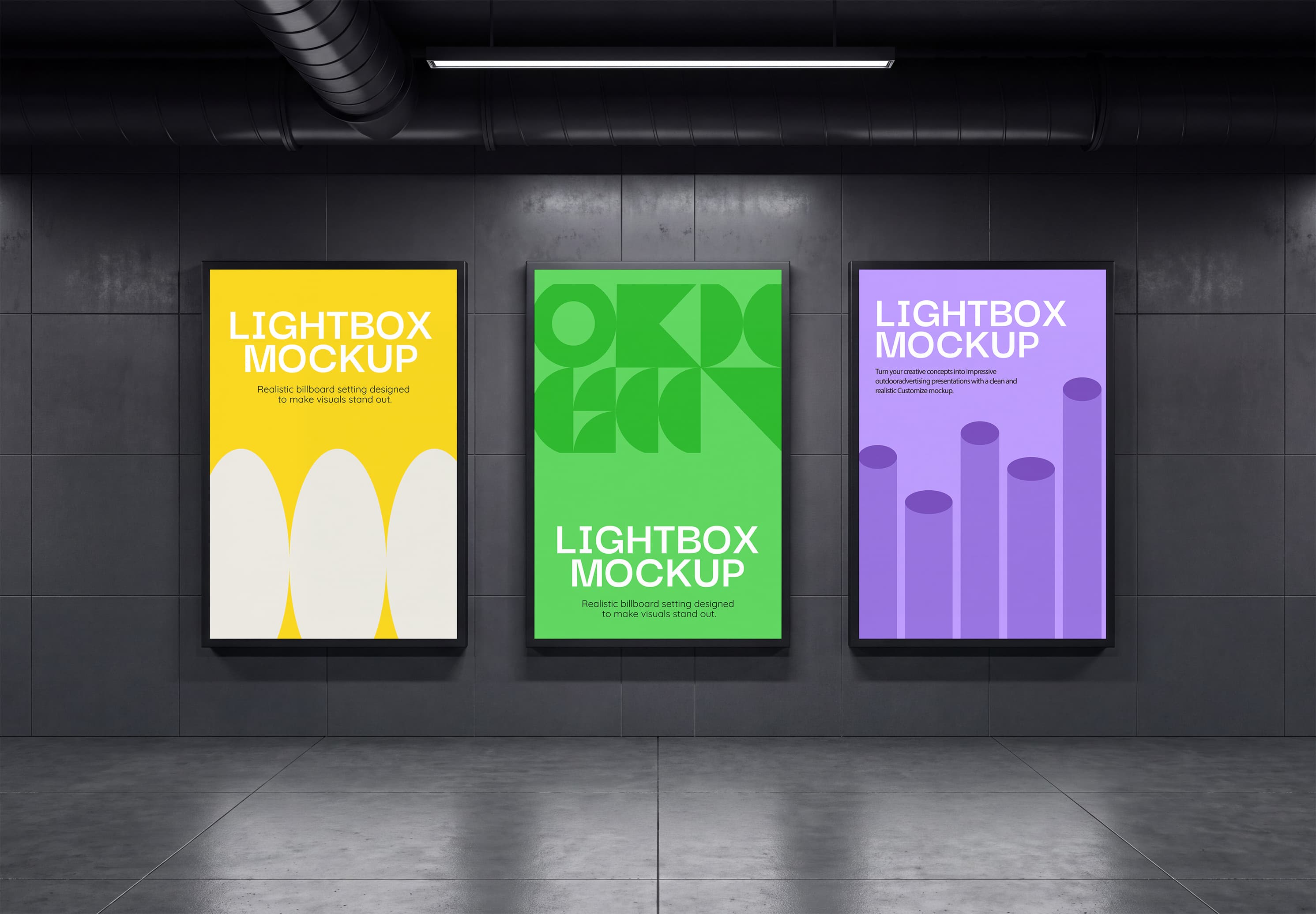 Three Framed Lightbox Poster Mockup on Dark Industrial Wall