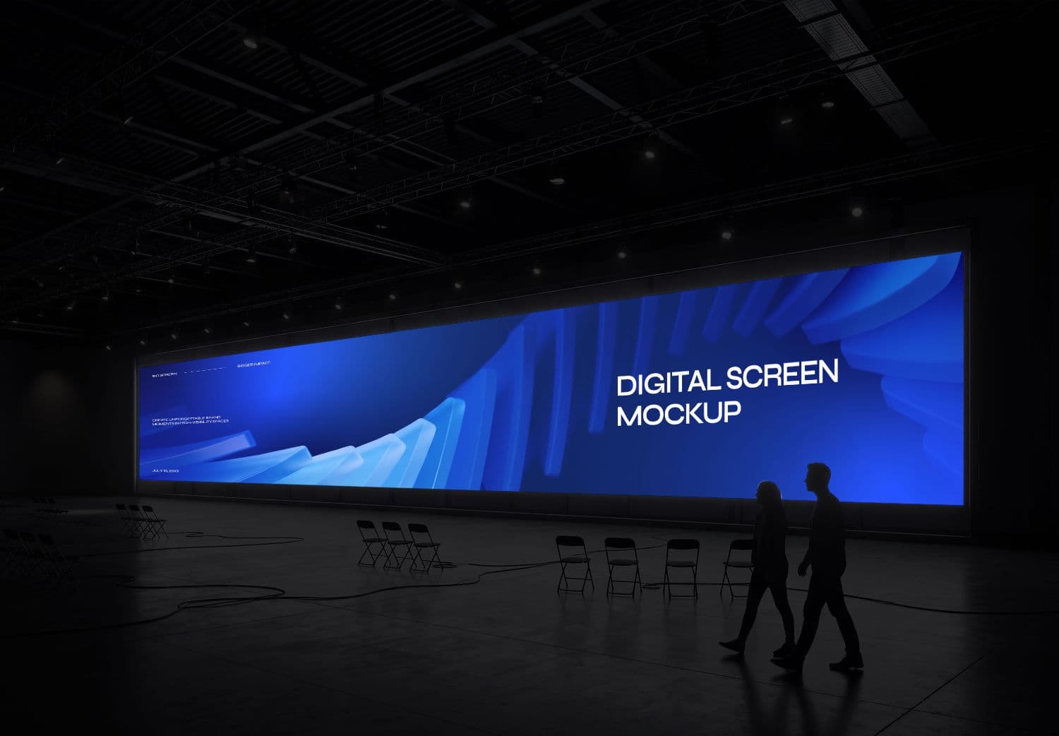 Wide Digital Screen Mockup in Dark Exhibition Hall