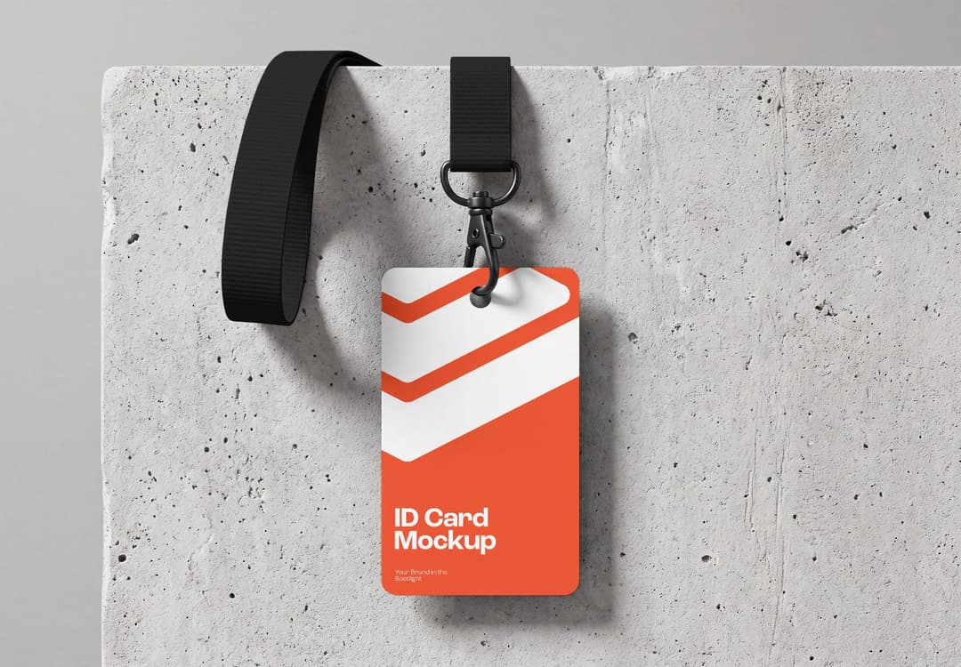 ID Card Lanyard Mockup Hanging on Concrete Wall with Bold Branding