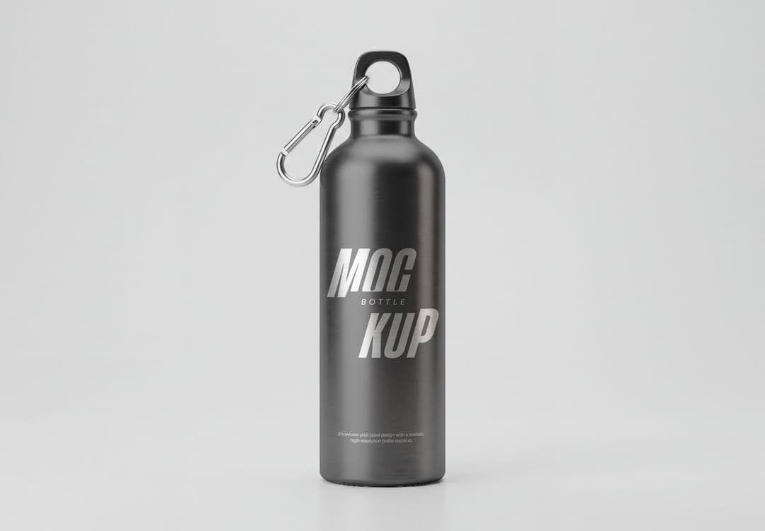 Black Metal Water Bottle Mockup with Carabiner Clip