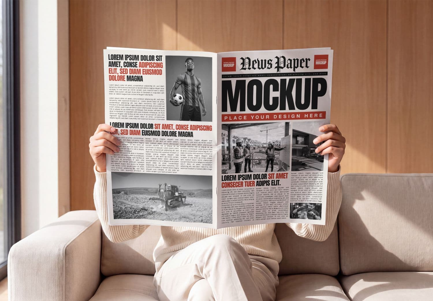 Open Newspaper Mockup Held by a Seated Person on a Sofa