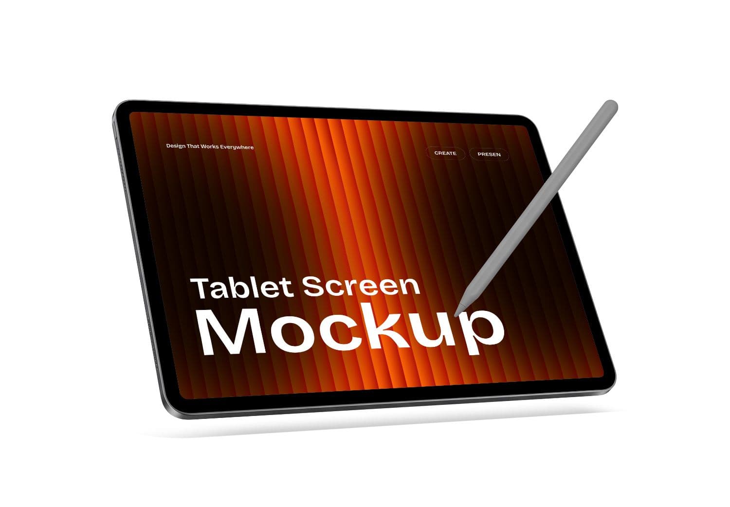 Landscape Tablet Mockup with Diagonal Digital Pen on White