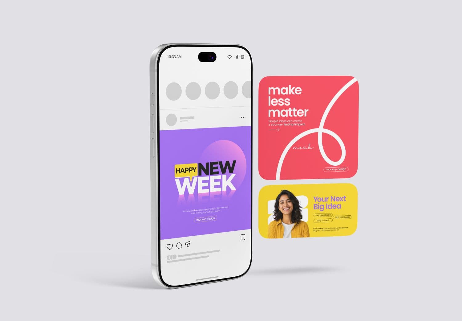Social Media Post Mockup with Floating Cards and Smartphone Display