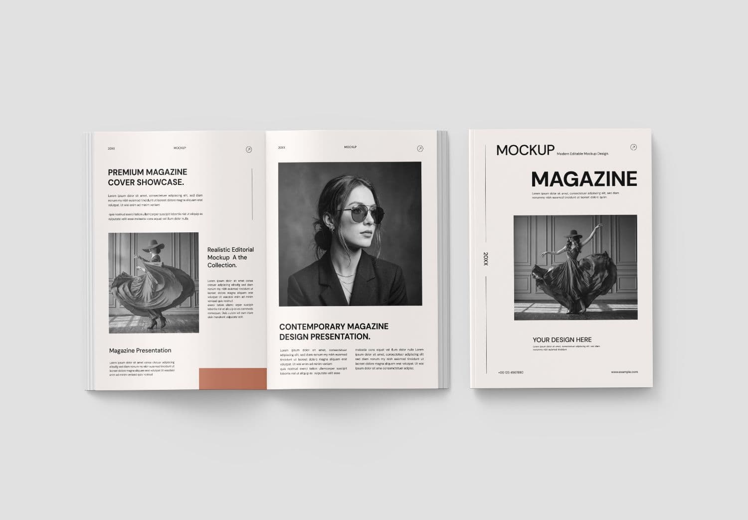 Open Magazine Mockup with Editorial Spread and Cover Design