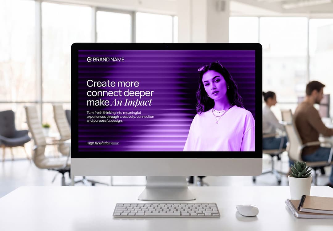 Desktop Monitor Mockup in a Modern Office with Purple Screen Design