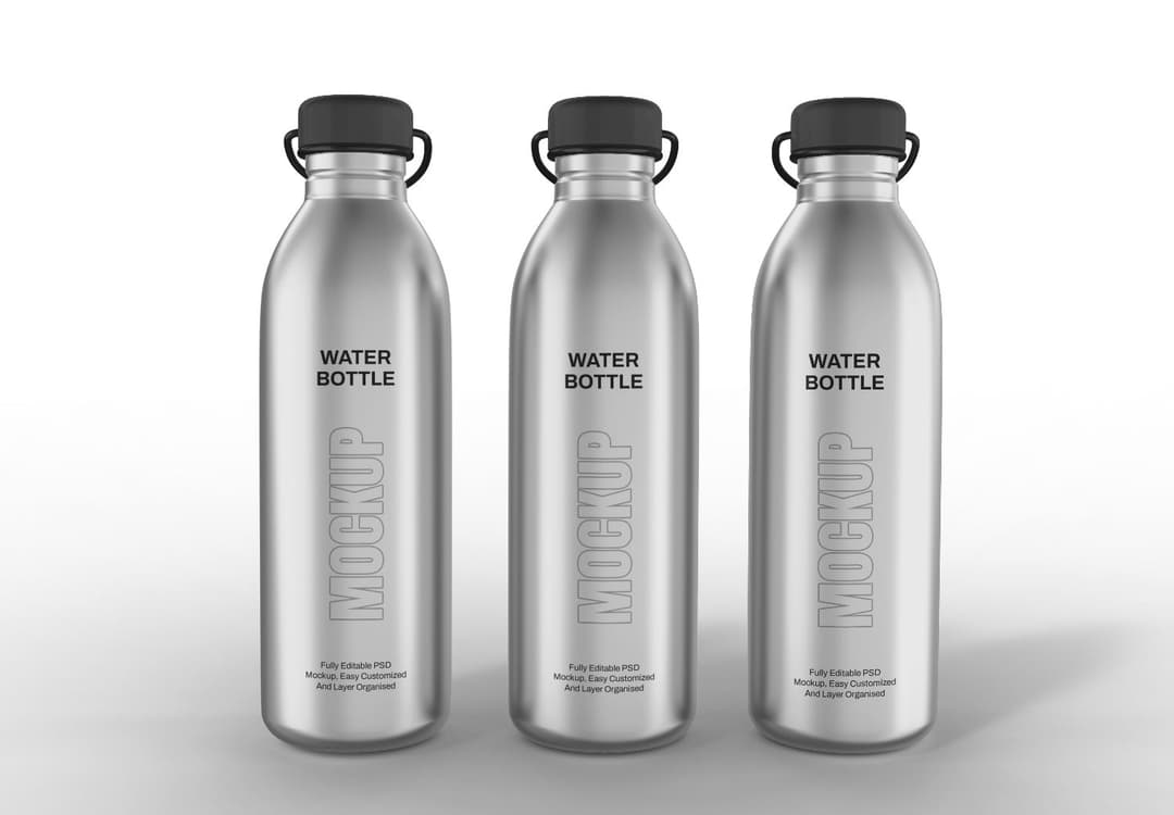 Stainless Steel Water Bottle Mockup Set - 3-Pack Editable Template