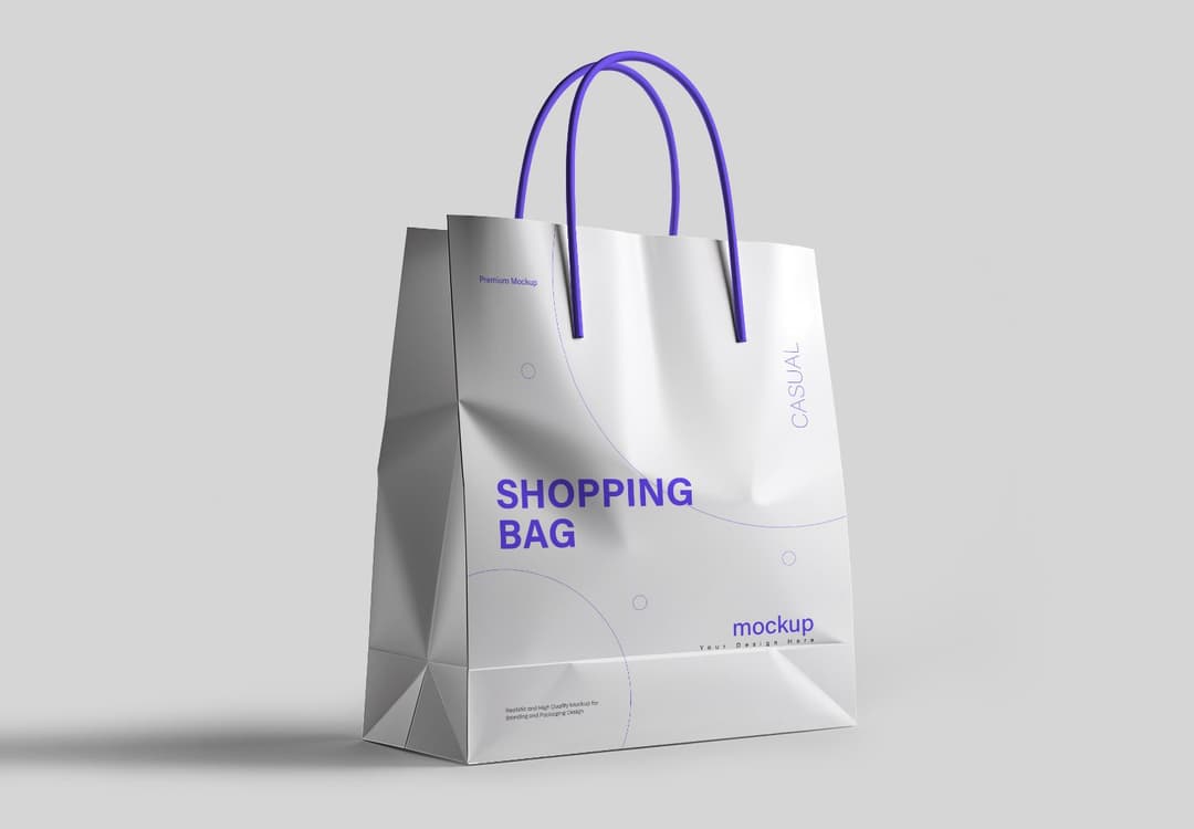 White Shopping Bag Mockup with Purple Handles - Premium Branding Template