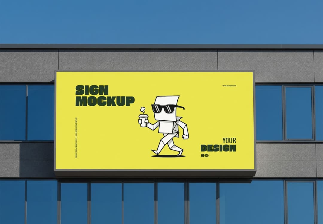 Bright Yellow Building Sign Mockup - Modern Office Exterior Template