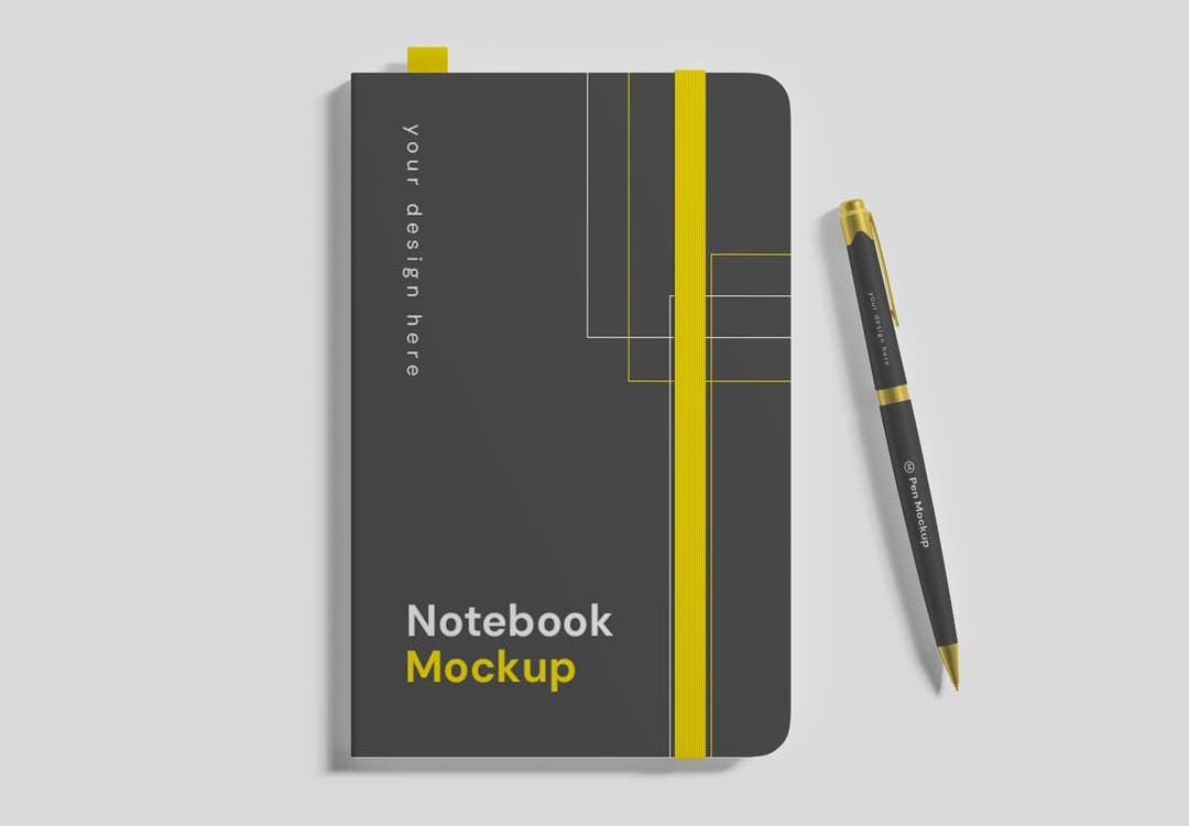 Premium Notebook & Pen Mockup - Dark Grey with Yellow Accent
