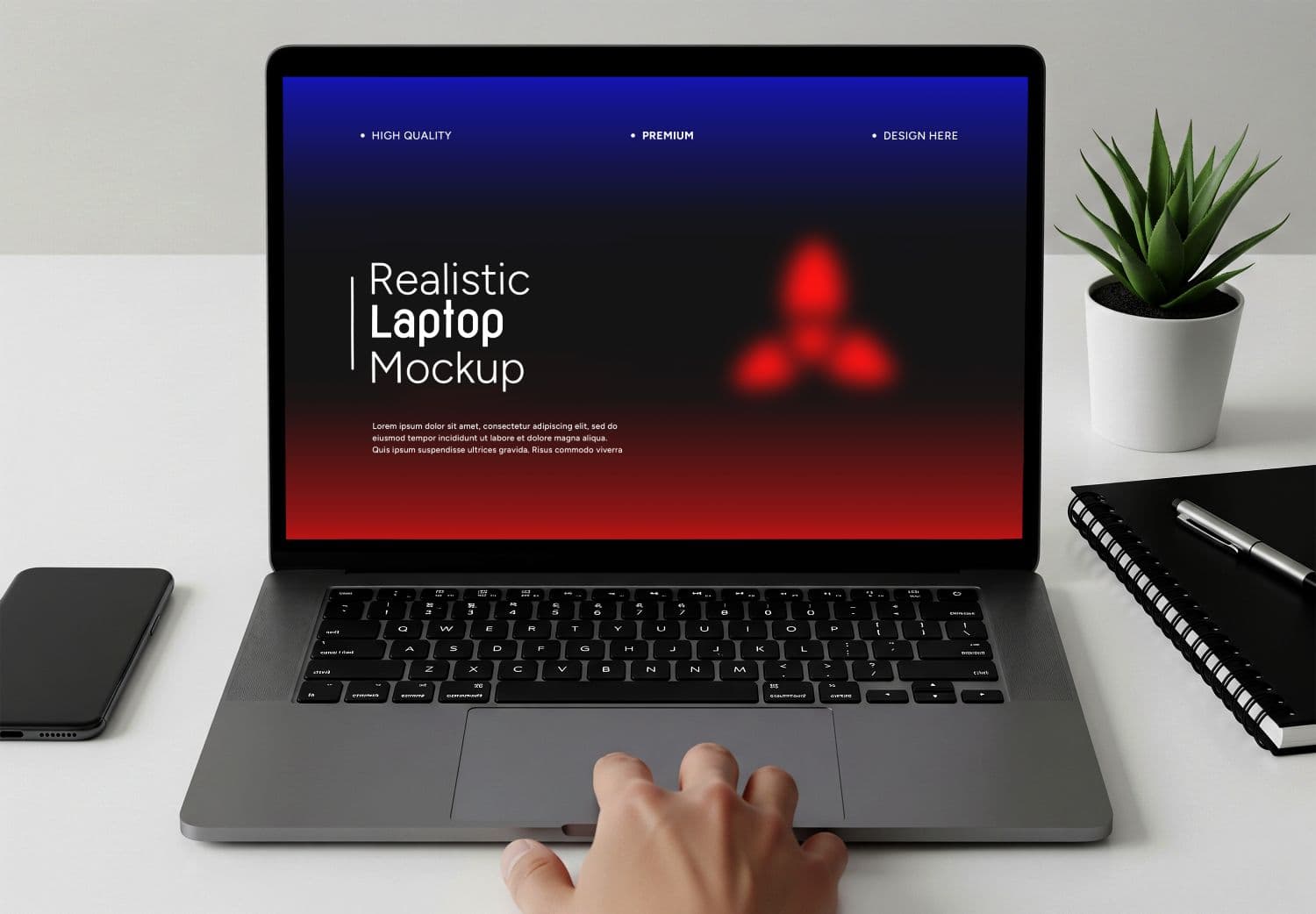 Realistic Laptop Mockup - Office Desk Setup with Hand Interaction