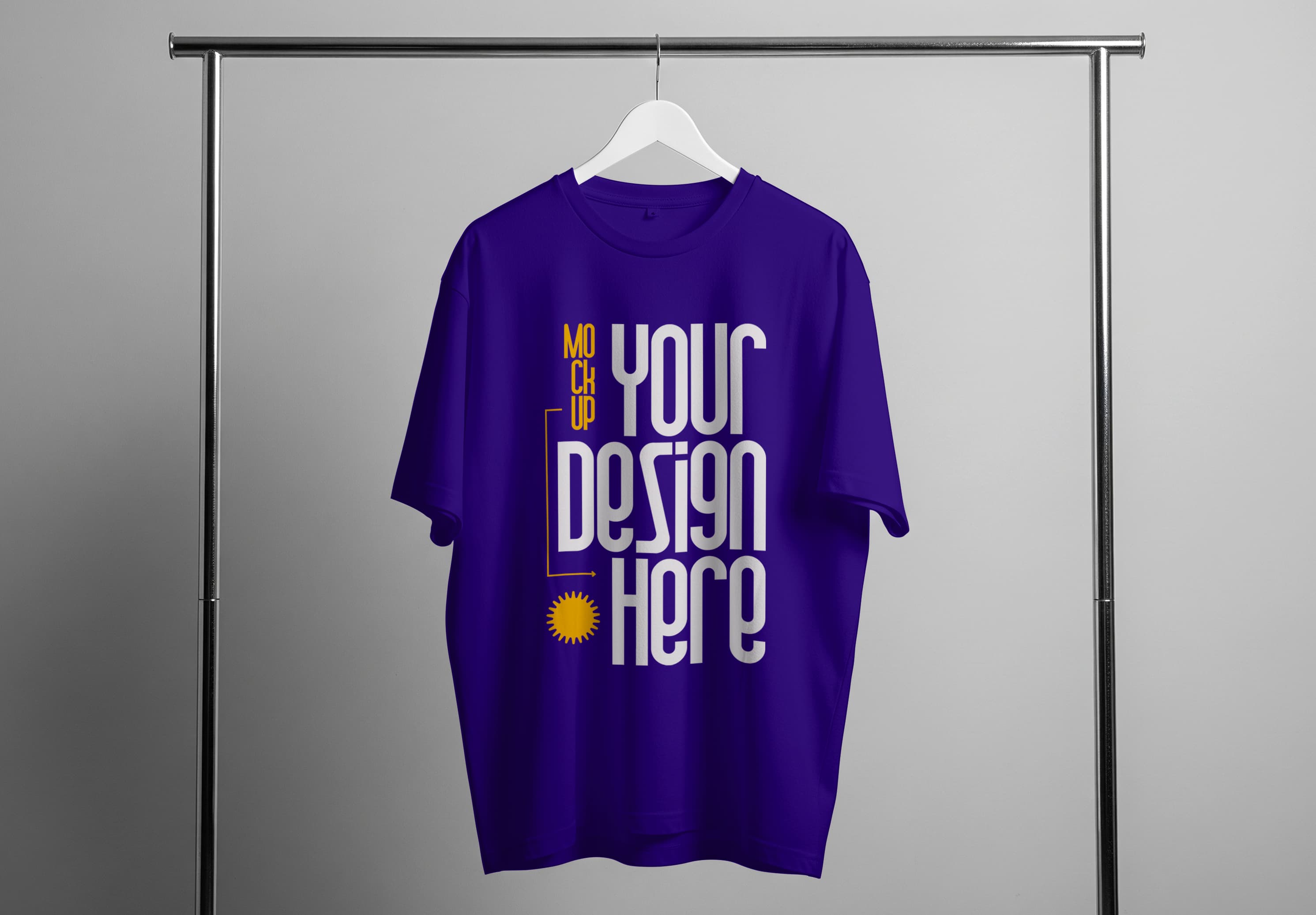 Purple T-Shirt Mockup on Clothing Rack PSD for Apparel Branding