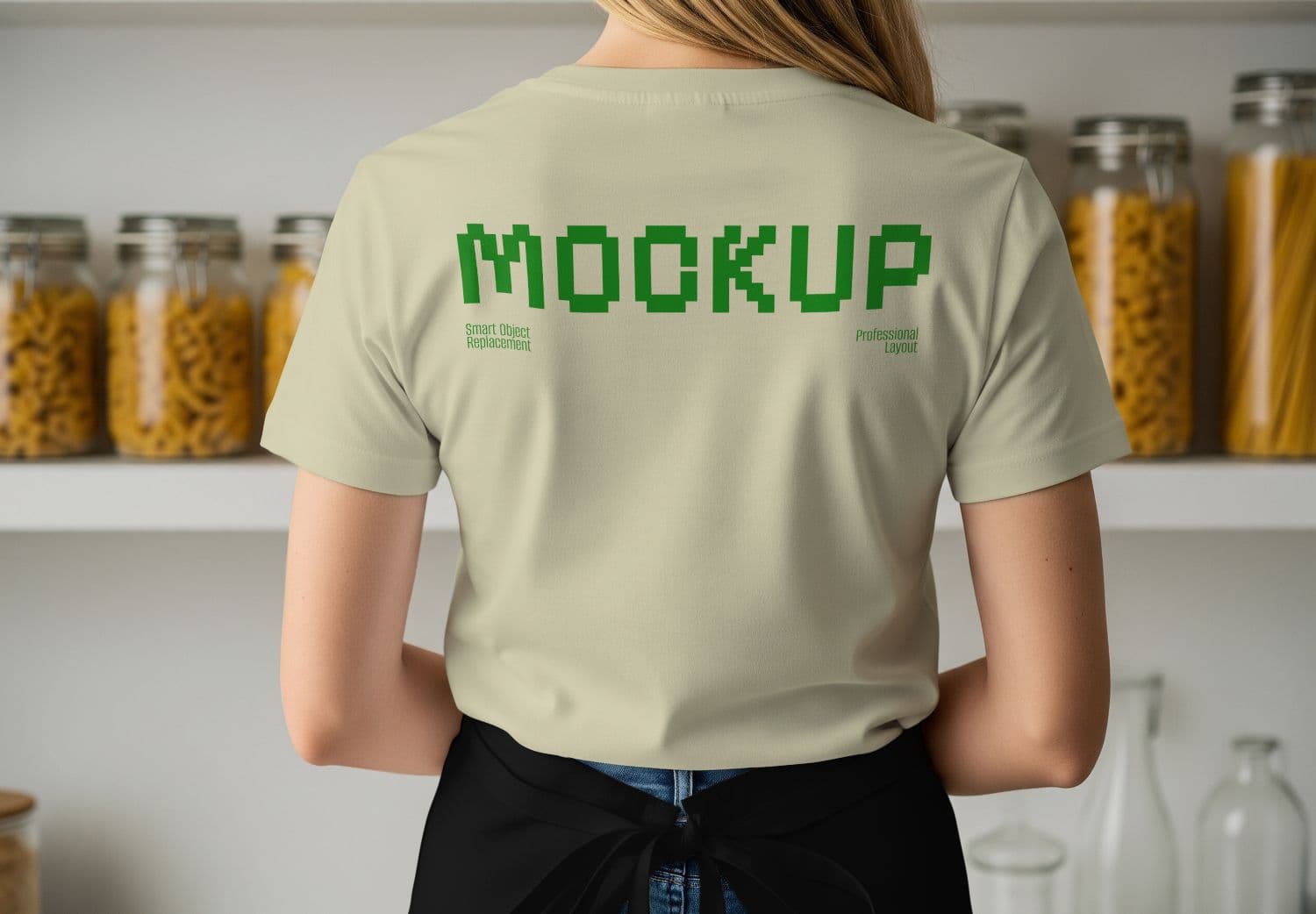 Back View T-Shirt Mockup - Women's Short Sleeve Tee in Kitchen Setting