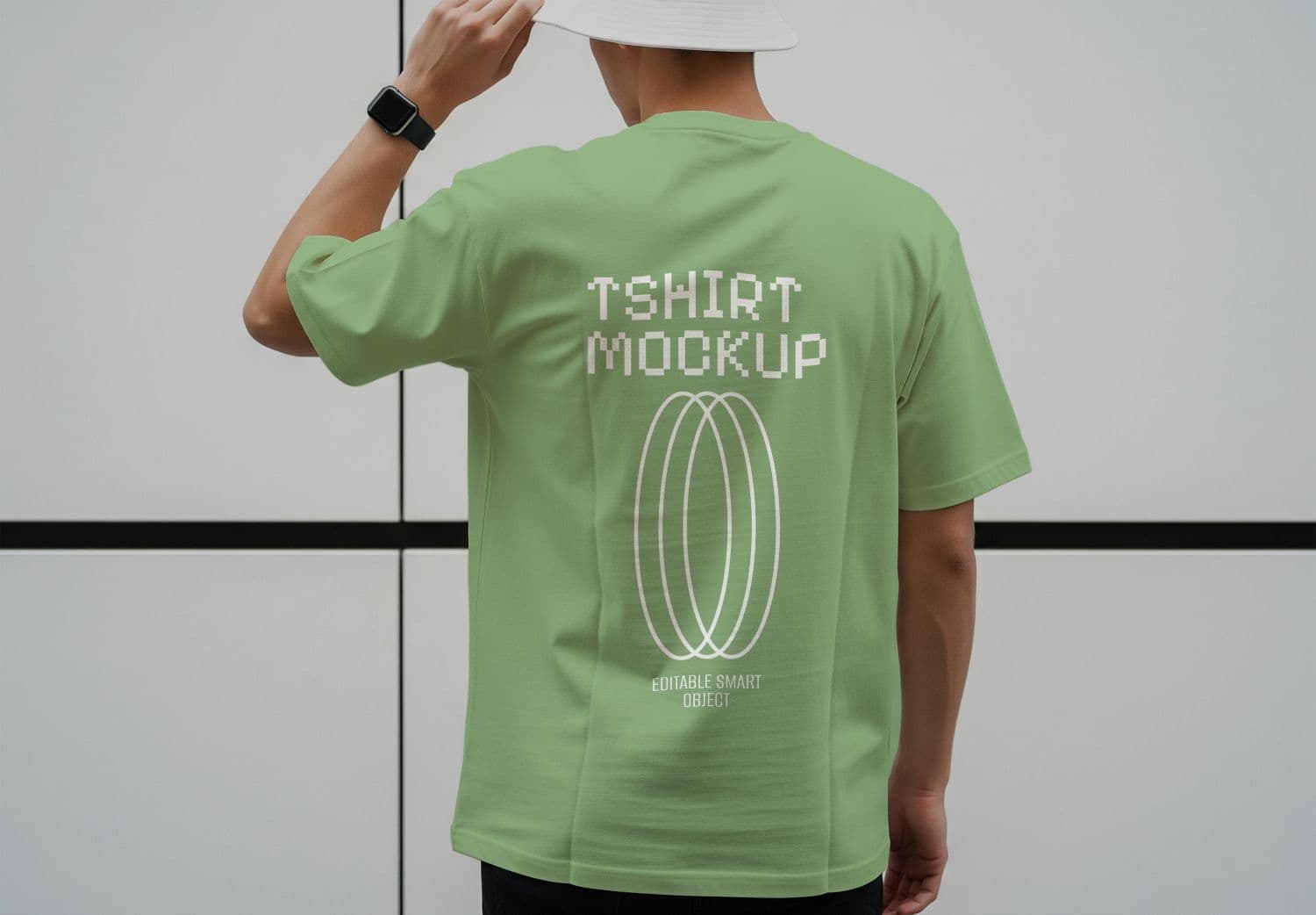Green T-Shirt Mockup - Back View with Model & Hat Template