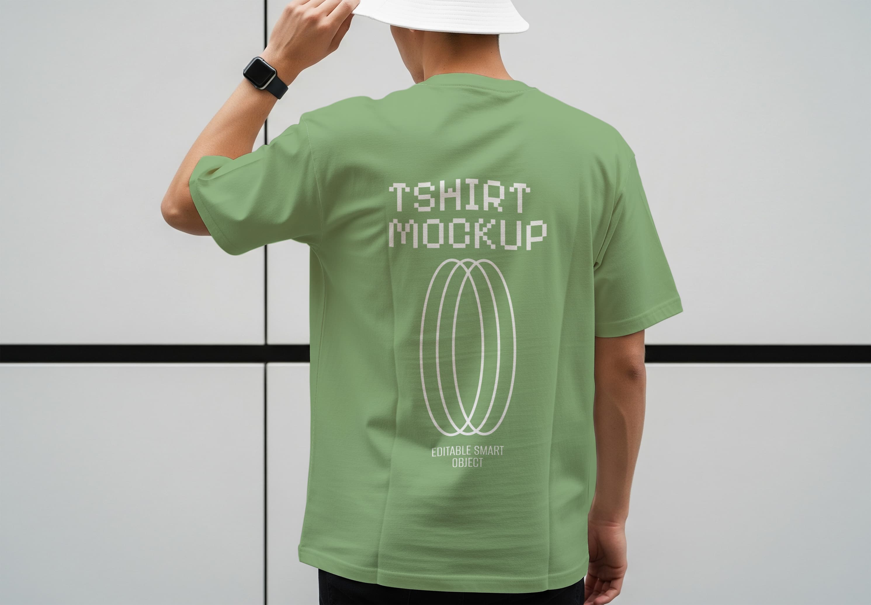Green T-Shirt Mockup - Back View with Model & Hat Template