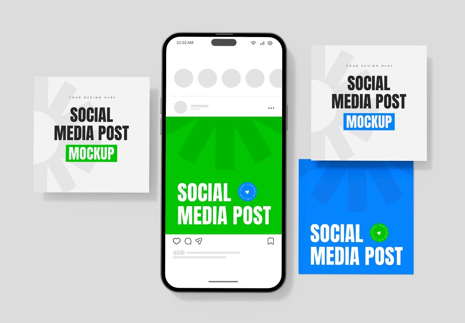 iPhone 15 Pro Social Media Post Mockup - Green, Blue & White Editable Templates