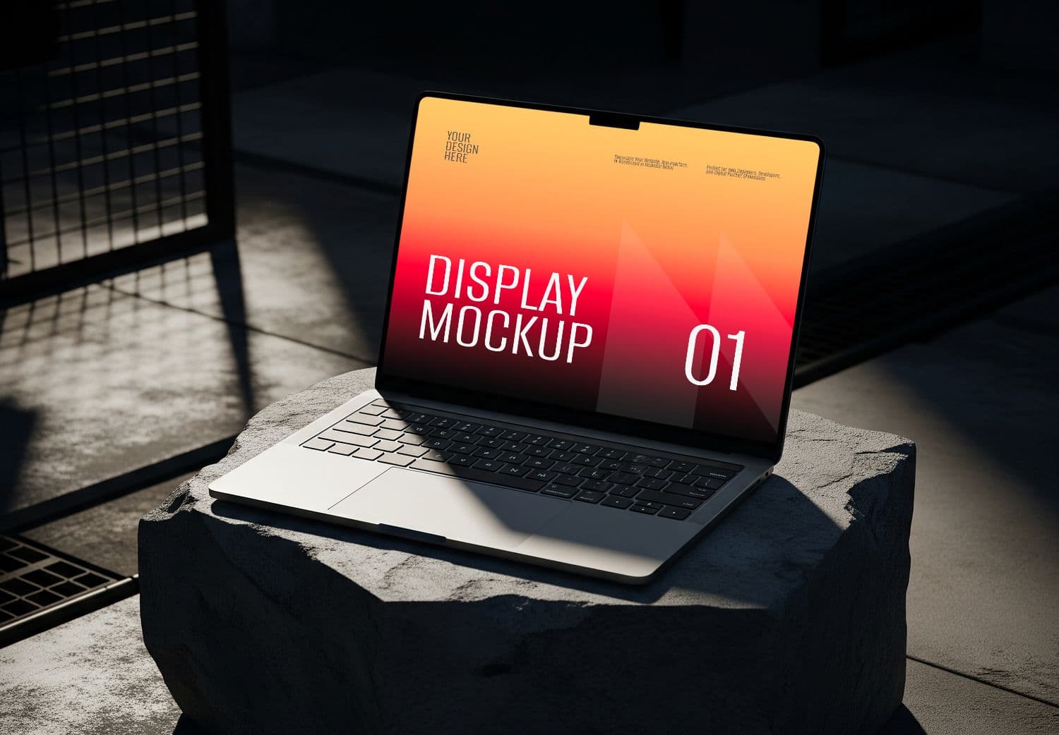 Laptop Display Mockup on Concrete Block for Modern Design Portfolios