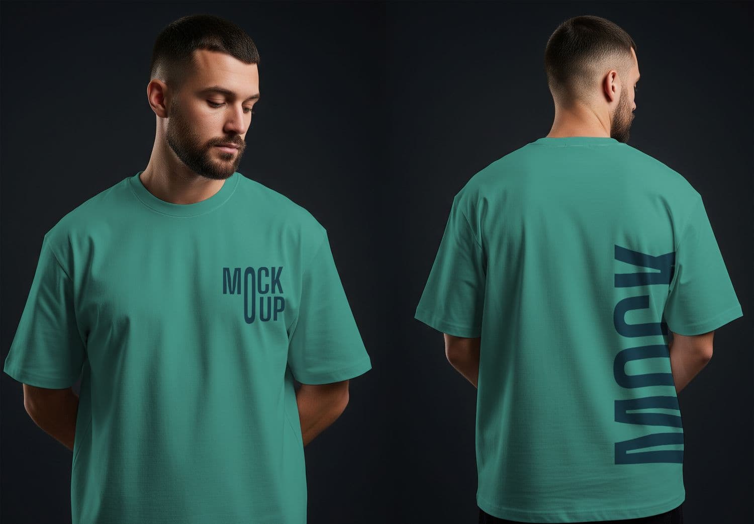Teal T-Shirt Mockup Front Back View Male Model