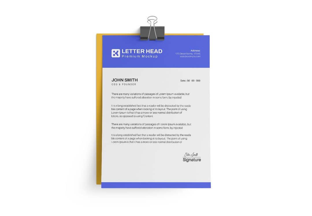 Realistic Blue Letterhead Mockup with Binder Clip