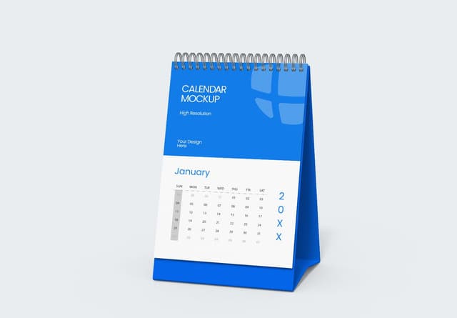 Blue Desk Calendar Mockup Spiral Bound Stand