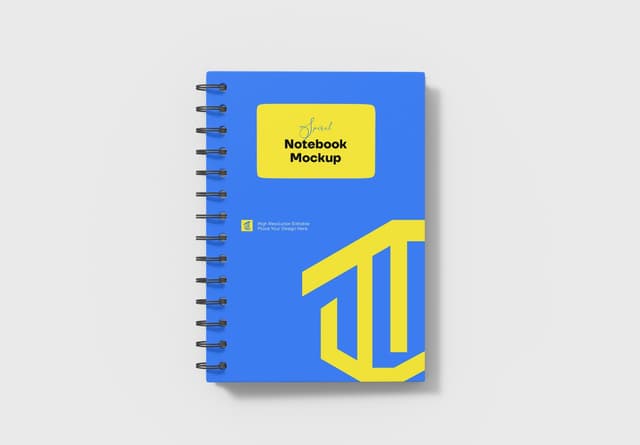Blue Yellow Spiral Notebook Mockup Design