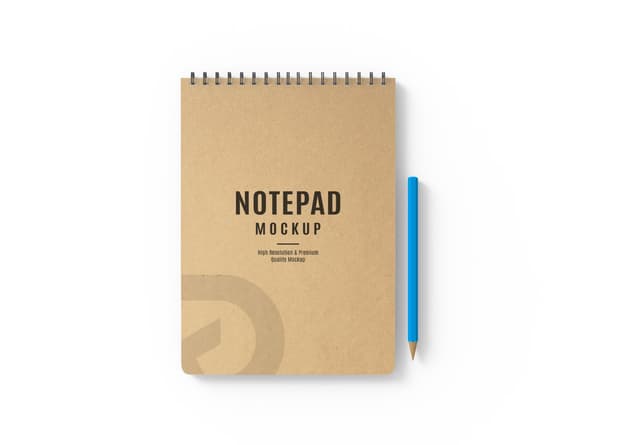Kraft Spiral Notepad Mockup with Blue Pencil