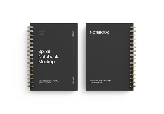 Realistic Black Spiral Notebook Mockup Front Back View