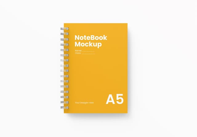 Realistic Yellow A5 Spiral Notebook Mockup